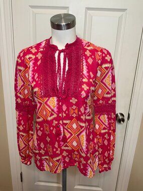 Tory Burch Dark Pink Geometric Tie-Neck Cotton Tunic, Size 4